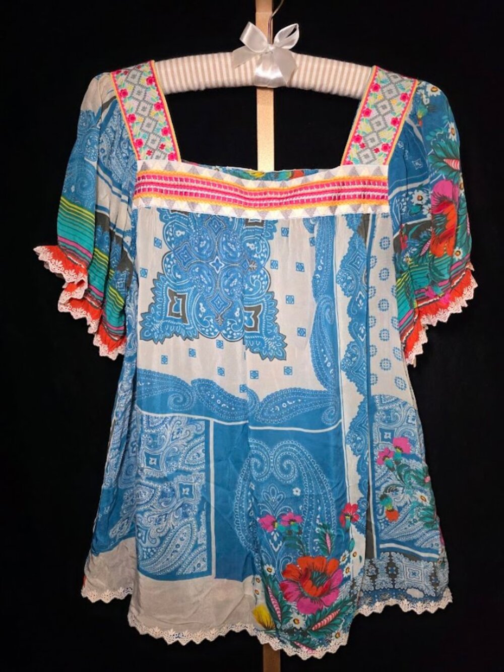 Johnny Was Hilary Square Neck Puff Sleeve Tunic M
